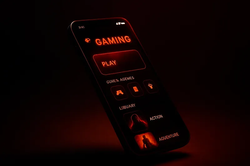 Modern smartphone floating showing dark premium gaming app interface with glow