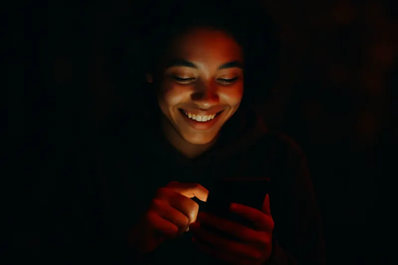 Young person smiling while tapping phone in warm screen light