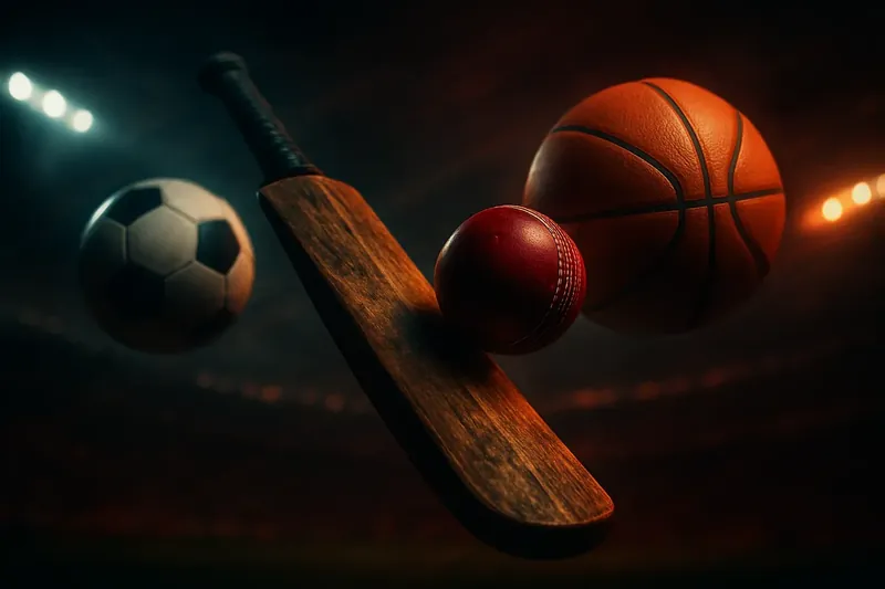Cricket gear with football and basketball floating in neon stadium scene