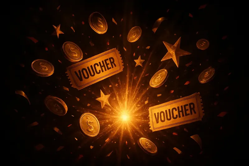 Golden coins, voucher tickets, and stars exploding from bright flash
