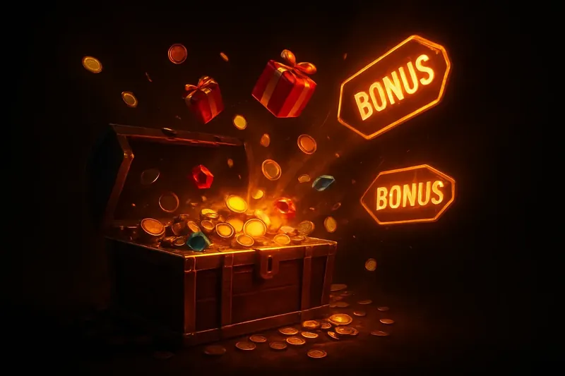 Golden treasure chest bursting with coins, gems, gifts, and bonus tags