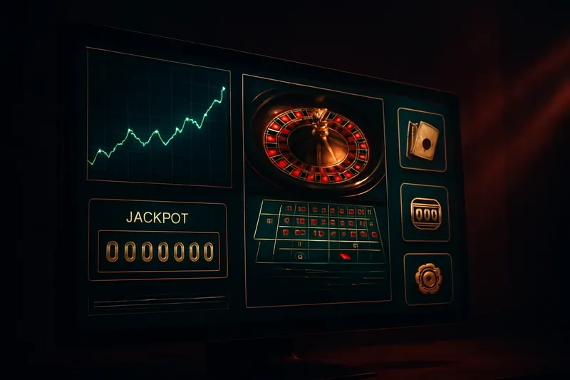 High-detail 3D casino dashboard on monitor with roulette feed and graphs