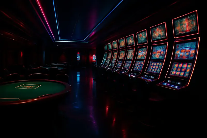 Wide-angle dark casino interior with glowing slot machines and dealer table
