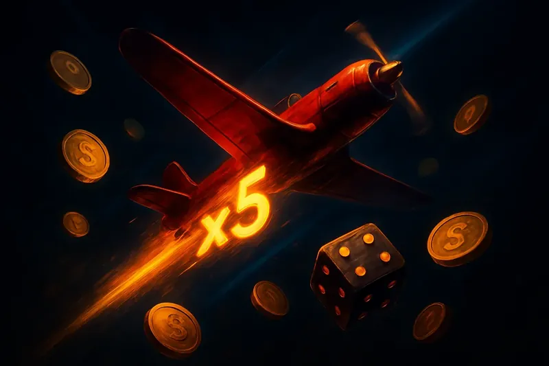 Red airplane soaring with glowing multiplier trail, coins and dice floating