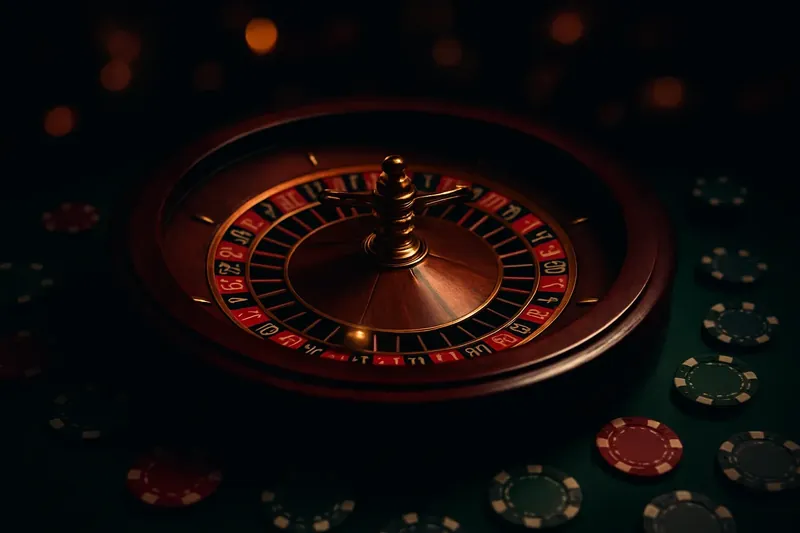 Close-up roulette wheel spinning with golden ball, chips and bokeh lights