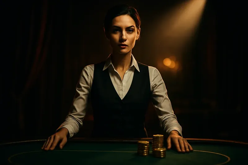 Professional female dealer at green felt live casino table with golden chips