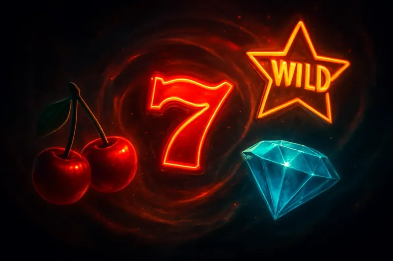 Colorful slot symbols in magical neon swirl on dark background