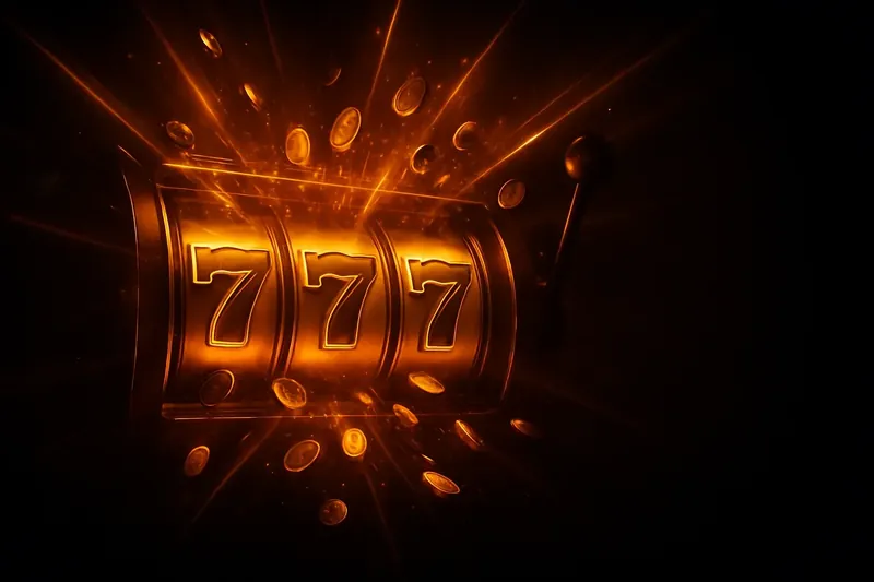 Slot machine jackpot with golden 777 reels, coins and neon light beams